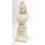 A Robinson and Leadbeater Parian Ware bust, modelled as Queen Victoria, raised upon plinth base deta