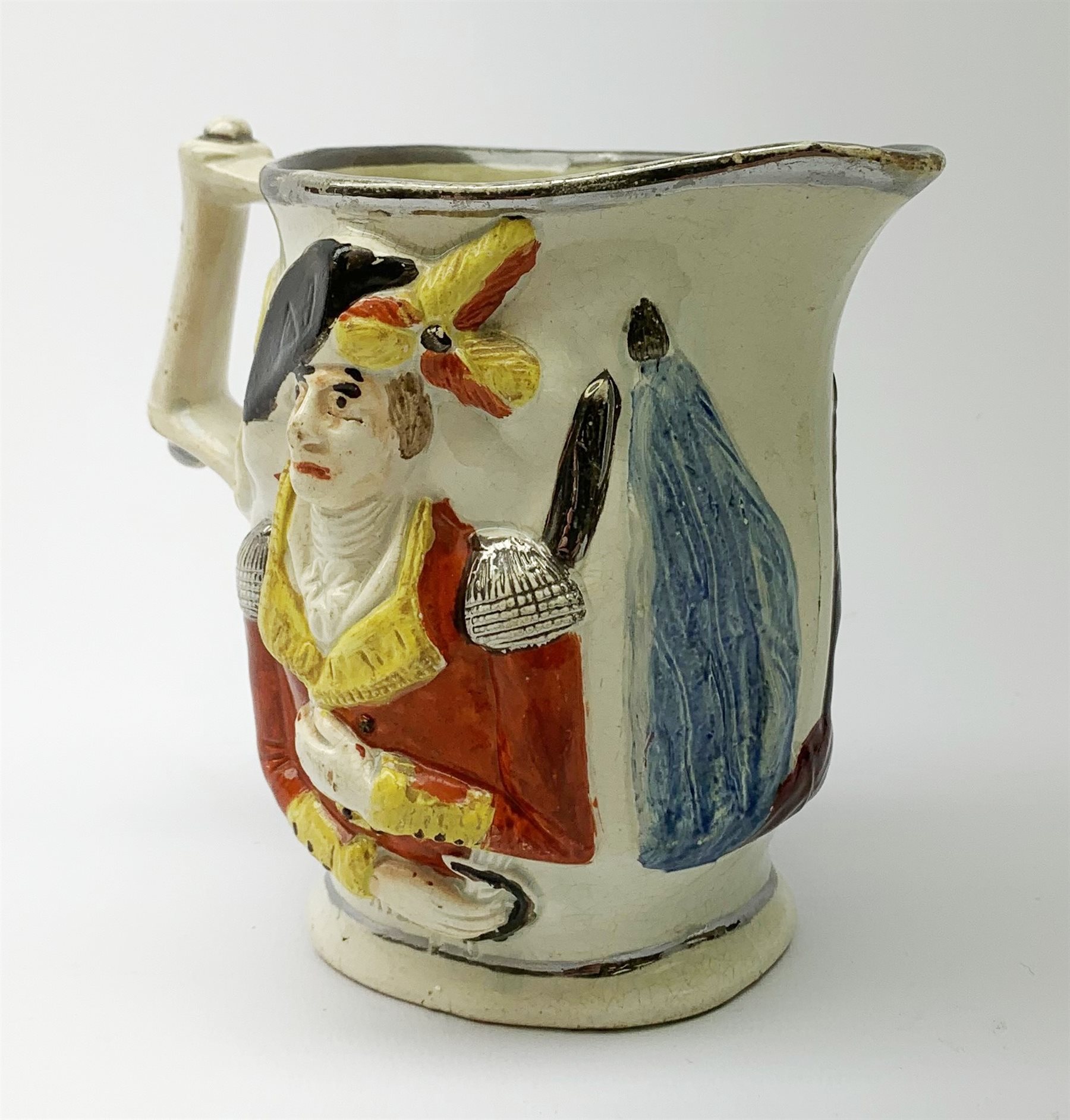 A 19th century Staffordshire pottery pearlware jug, modelled in relief with Lord Wellington and Gene - Image 4 of 9