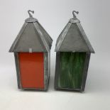 Pair of hand crafted remote control colour changing stained glass lanterns, H43cm.