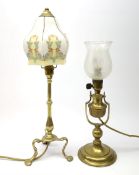 Two brass table lamps, one example with Art Nouveau decoration to the glass shade, H49cm.
