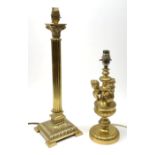 Two gilt table lamps, comprising one modelled as a Corinthian column, H49cm, the other with putti bu