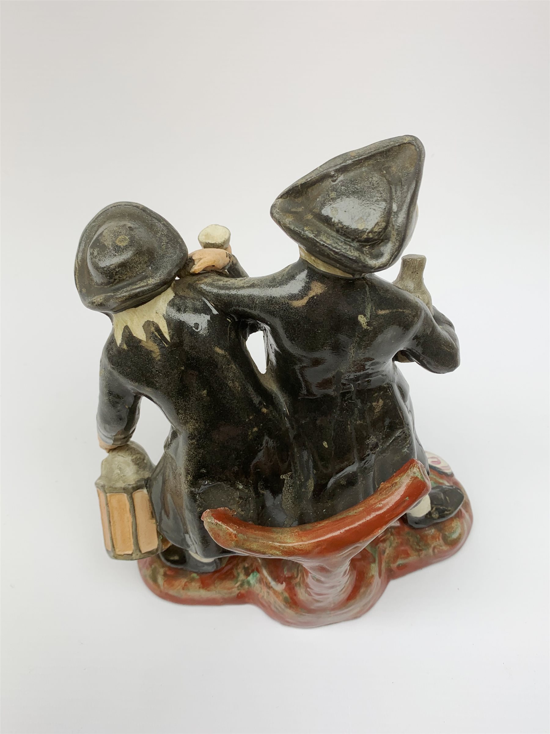 A 19th century Staffordshire figure group, 'Town Crier and Drunk', upon oval scroll detailed base, H - Image 5 of 7