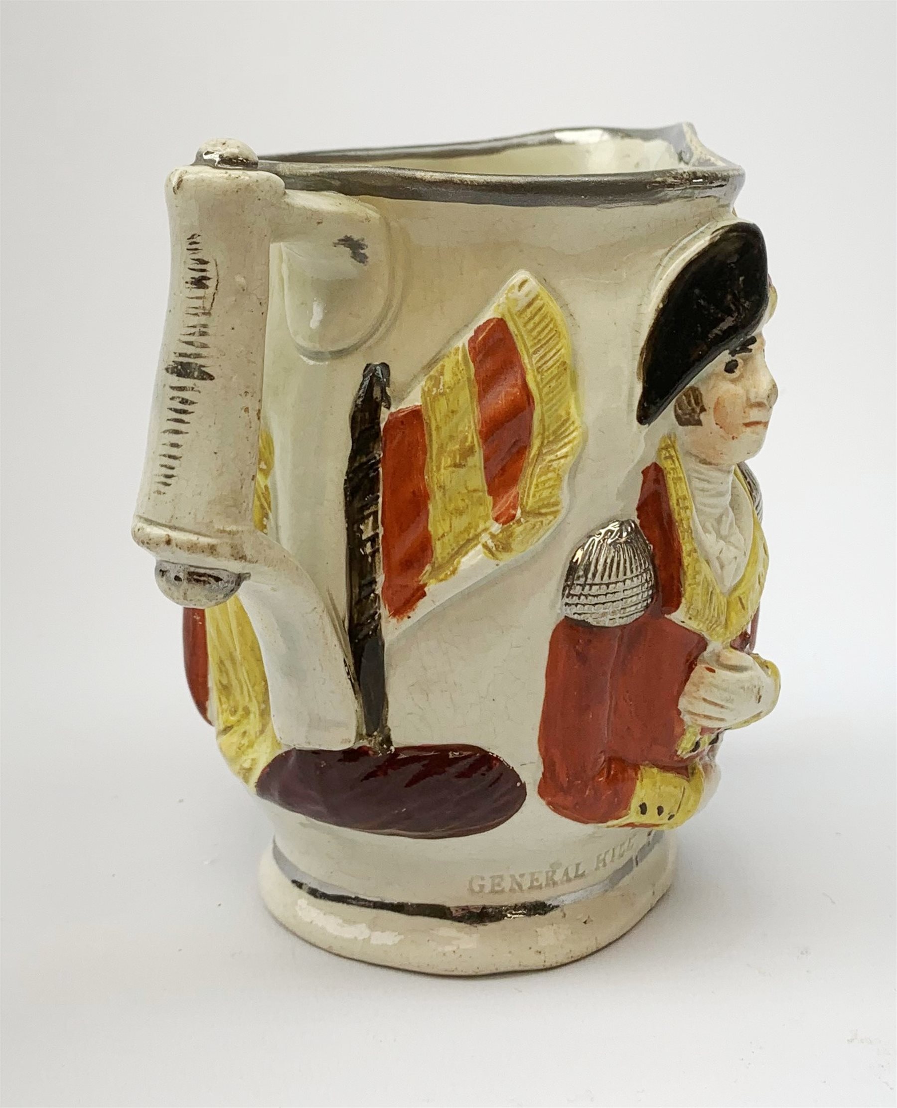 A 19th century Staffordshire pottery pearlware jug, modelled in relief with Lord Wellington and Gene - Image 6 of 9