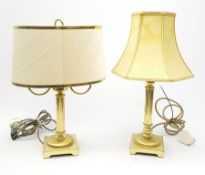Two gilt table lamps, each with column modelled stem and shade, largest including shade H49cm.
