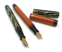 Two Vintage fountain pens, comprising Parker Duofold, with orange case, nib marked 14K, and a Waterm