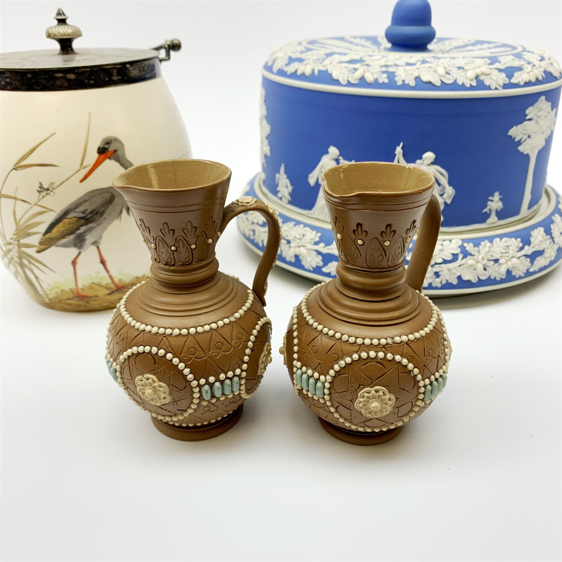 A Doulton biscuit barrel with silver plated mount and cover, hand painted with a crane amidst rushes - Image 2 of 5