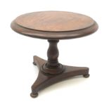 A Victorian mahogany apprentice tilt top loo table, the trefoil base upon three compressed bun feet