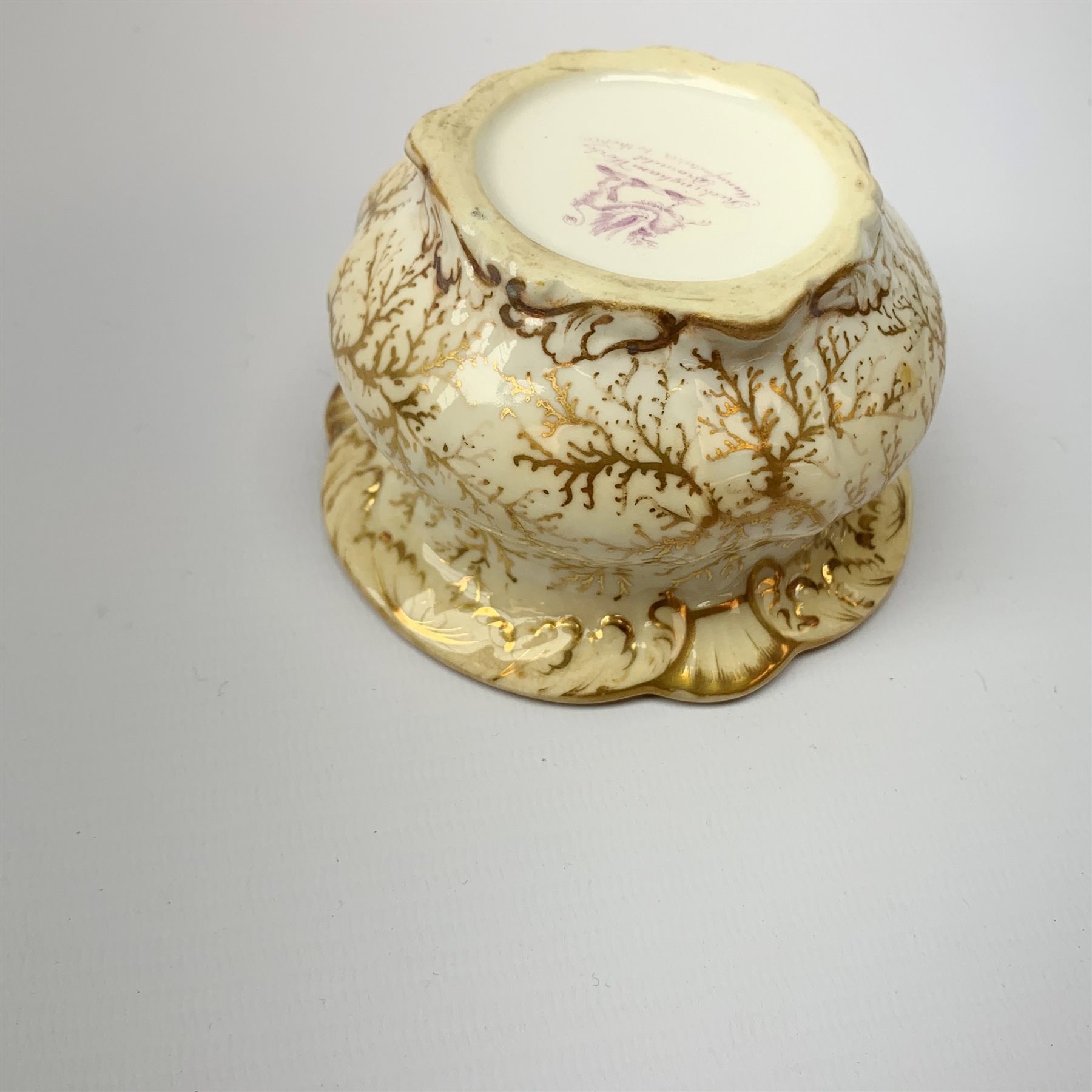 A Rockingham inkwell, with scroll rim, the whole decorated in gilt with a seaweed pattern, with a pr - Image 5 of 6