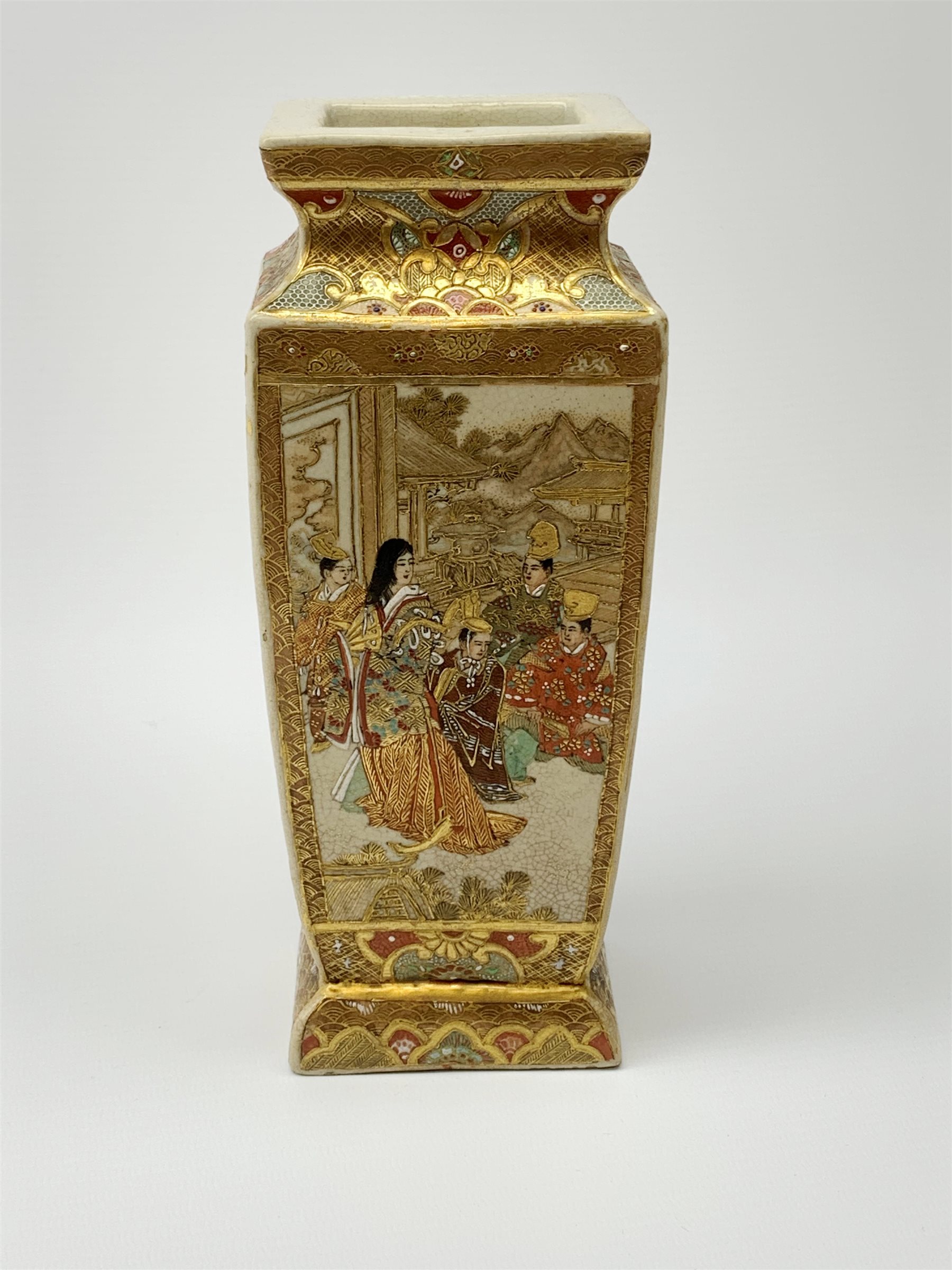 A late 19th century Japanese Satsuma vase, of slightly tapering square form, painted with figural pa - Image 4 of 7