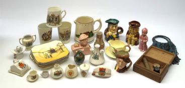 Assorted ceramics and other collectables, to include a beadwork evening purse, three toby jugs, cres