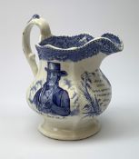 A 19th century blue and white printed jug, detailed with portraits of Richard Cobden, Esq MP and Joh