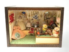 A 1/12th scale diorama of a ladies boutique, depicting a wall papered and mirrored interior with Hep