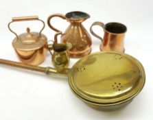 A Victorian copper kettle, together with a large copper tankard, H14cm, copper measure, brass bed pa