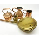 A Victorian copper kettle, together with a large copper tankard, H14cm, copper measure, brass bed pa