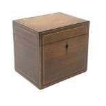 A George III mahogany cube tea caddy, with strung detail, the hinged cover open to reveal a twin com