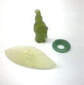 A small carved jade leaf detailed with a fish, L7.5cm, together with a carved jade pendant detailed