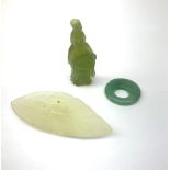 A small carved jade leaf detailed with a fish, L7.5cm, together with a carved jade pendant detailed