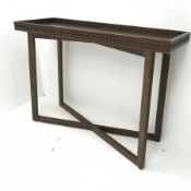 Rectangular mahogany side console, square supports joined by 'X' framed floor stretcher, W111cm, H81