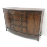 20th century mahogany bow front cross banded sideboard, four graduating drawers flanking two cupboar