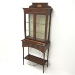 20th century inalid mahogany display cabinet on stand, two doors enclosing two glazed shelves above