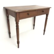 Victorian mahogany side table, two drawers, turned tapering supports, W92cm, H74cm, D49cm