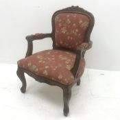 French style oak framed armchair, carved and shaped cresting rail, upholstered back, seat and arm, a