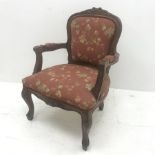 French style oak framed armchair, carved and shaped cresting rail, upholstered back, seat and arm, a