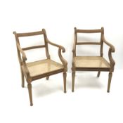 Pair cherry wood framed armchairs, shaped cresting rail, scrolling arms, cane work seat, tapering su