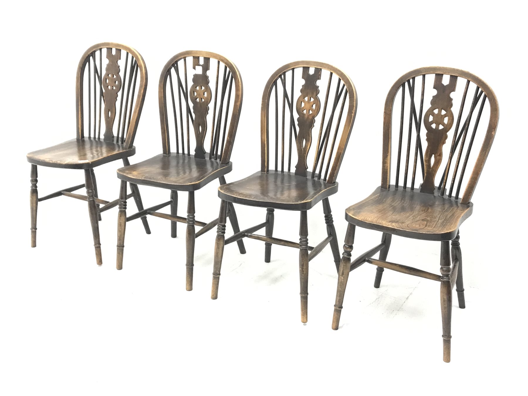 Set four 20th century wheel and hoop back chairs with elm seats, turned supports