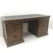 Barker & Stonehouse, reclaimed eastern pine twin pedestal desk, faux leather inset top, two slides f
