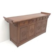 Chinese rosewood sideboard, scrolling sides, four drawers above four cupboards, stile supports, W182