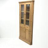 Solid pine corner cabinet, projecting cornice, two glazed doors enclosing two shelves above two cupb