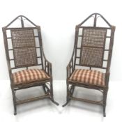 Pair bamboo framed rocking chairs, shaped cresting rail, cane work splat, upholstered seat, W55cm