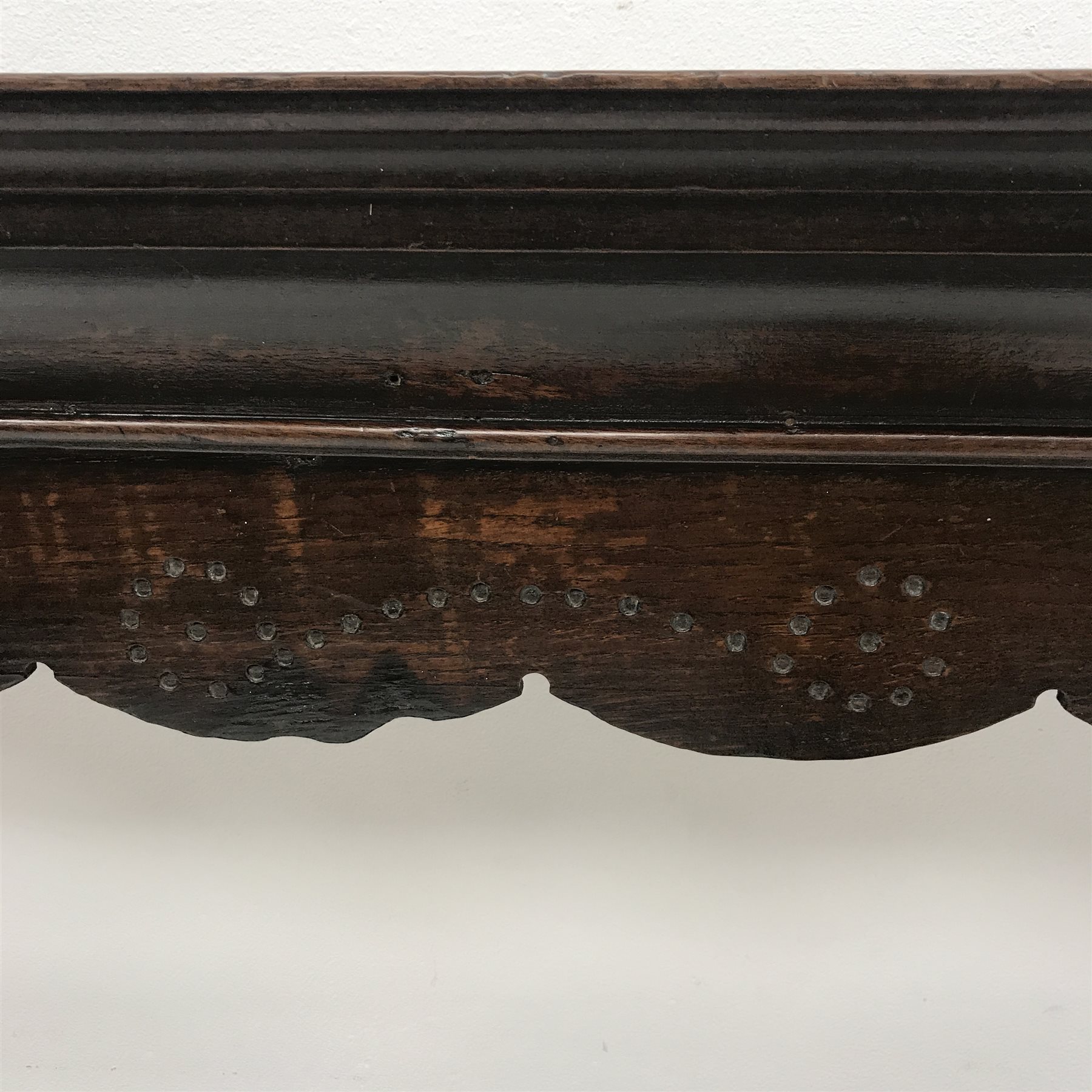 19th century oak two tier plate rack, projecting cornice, W193cm, H120cm, D21cm - Image 4 of 4