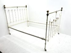 Victorian cream painted metal and brass 4' 6" double bedstead, 140cm, 200cm