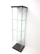 Square glass display cabinet, single hinged door enclosing three shelves, W43cm, H164cm, D37cm