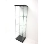 Square glass display cabinet, single hinged door enclosing three shelves, W43cm, H164cm, D37cm