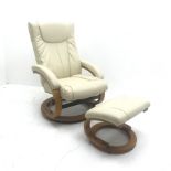 Swivel reclining lightwood framed armchair upholstered in cream faux leather (W68cm) and matching fo