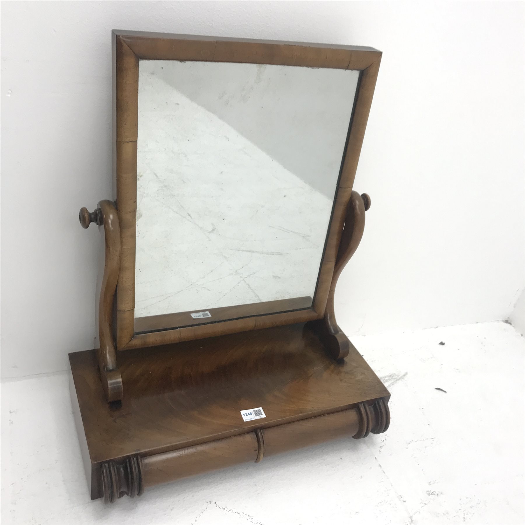 19th century mahogany dressing table mirror, scrolling supports, two drawers, W52cm, H65cm, D26cm - Image 2 of 3