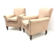 Pair early 20th century armchairs, scrolling arms, cabriole legs, upholstered in a light pink fabric