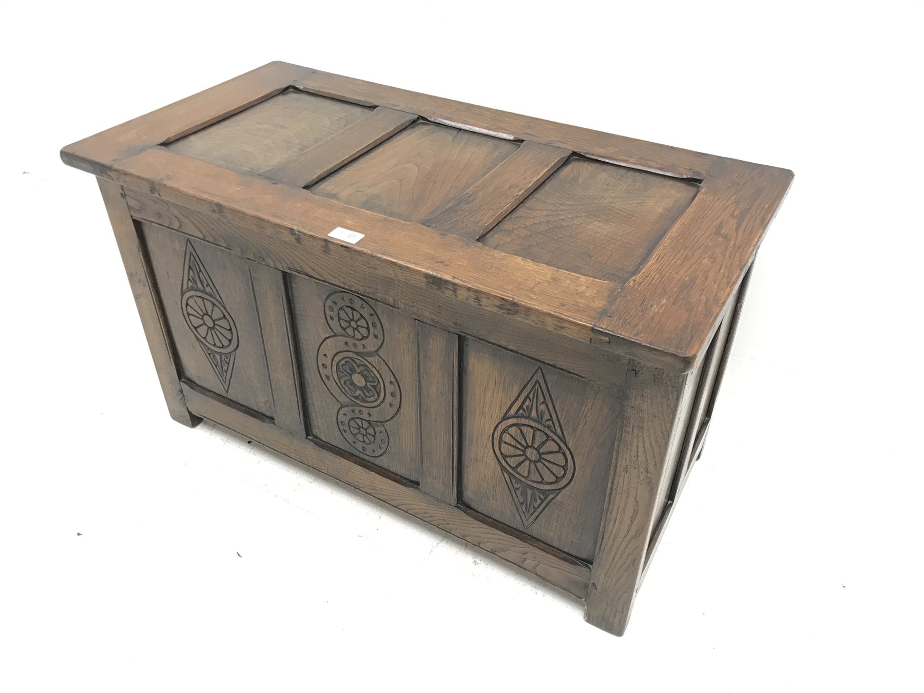 20th century panelled oak blanket box, carved detail to front, W91cm, D45cm, H52cm