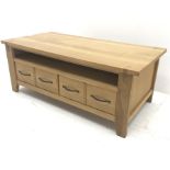 Rectangular oak coffee table, single undertier above two drawers, stile supports, W118cm, H46cm, D59