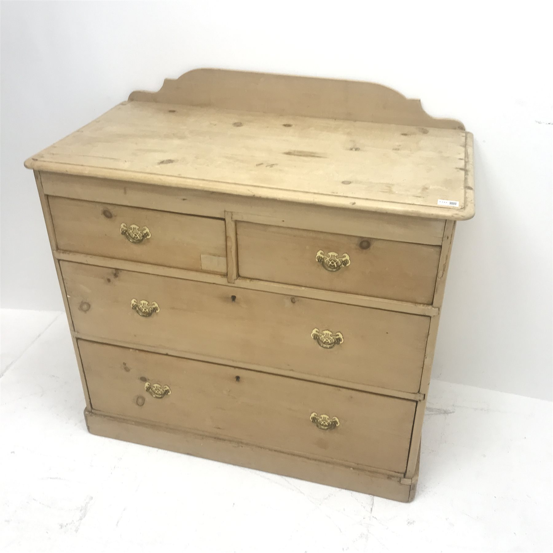 Victorian stripped pine chest, raised shaped back, two short and two long drawers, plinth base, W96c - Image 3 of 4