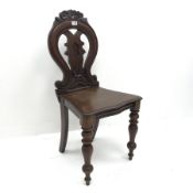 Victorian mahogany hall chair, floral carved cresting rail, pierced splat, solid serpentine seat, tu