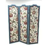 Three panel folding dress screen, upholstered with beige ground floral patterned fabric, W153cm, H18