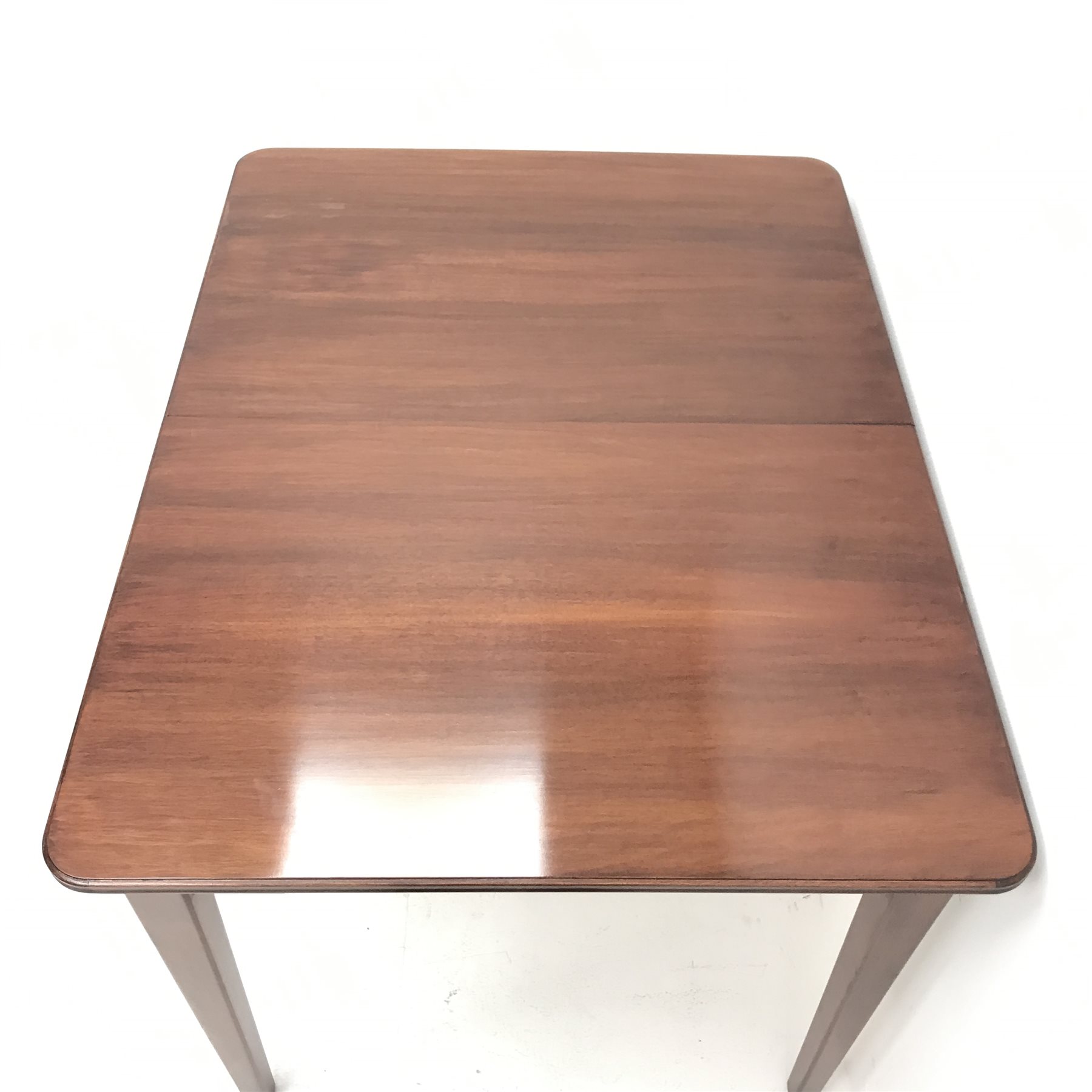 Mid to late century mahogany extending dining table, single leaf, square tapering supports, W153cm,