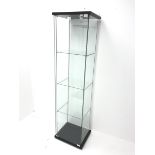 Square glass display cabinet, single hinged door enclosing three shelves, W43cm, H164cm, D37cm