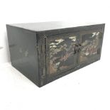 Chinoiserie back lacquered cabinet, two doors, images picturing Eastern rural scene, W84cm, H41cm, D
