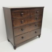 19th century mahogany chest, two short and three long drawers, turned supports, W115cm, H114cm, D55c