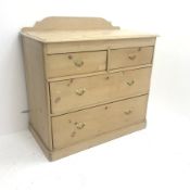 Victorian stripped pine chest, raised shaped back, two short and two long drawers, plinth base, W96c